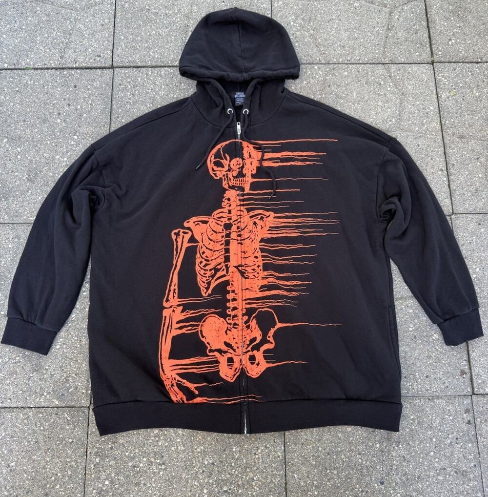 Social Collision Skeleton Zip Up Hoodie 2XL Black Orange Goth Grunge Emo Punk